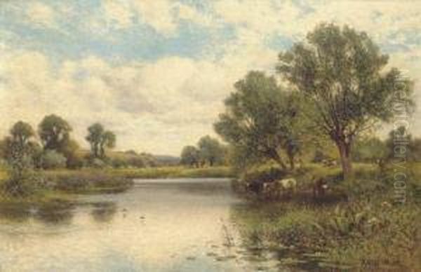 Cattle Watering Oil Painting by Alfred I Glendening