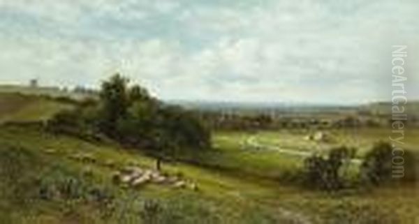 Driving Sheep, Alfriston, Sussex Oil Painting by Alfred I Glendening