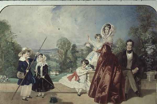 Mr. and Mrs. George Knott, with four children, on the Terrace of Bohun Lodge, New Barnet Oil Painting by Alfred-Edward Chalon