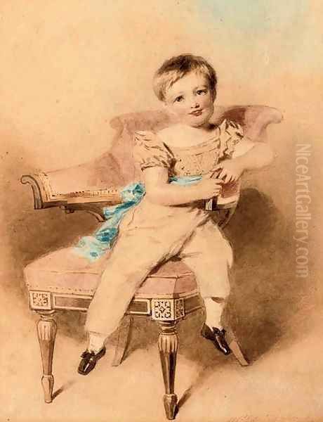 Portrait of a boy, seated, wearing a blue sash Oil Painting by Alfred-Edward Chalon