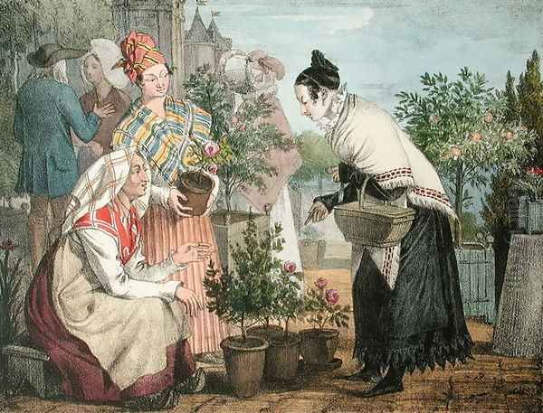 The Flower Market, Paris, 1821 Oil Painting by John James Chalon