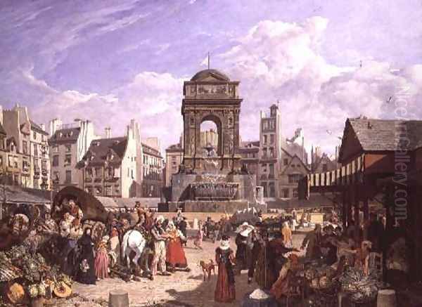 The Market and Fountain of the Innocents, Paris, 1823 Oil Painting by John James Chalon