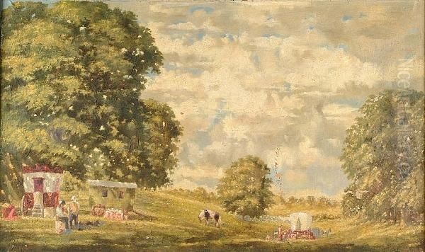 Figures And Horse Drawn Caravans On A Country Road Oil Painting by William Glover