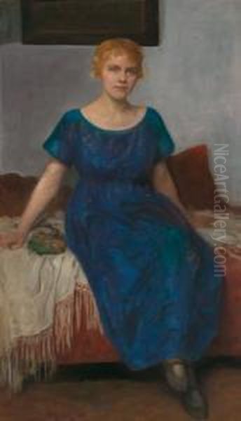 Sitzende Junge Frau In Blauem Kleid Oil Painting by Simon Glucklich