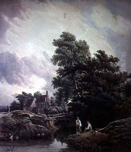 Landscape with Watermill and Figures Oil Painting by John James Chalon