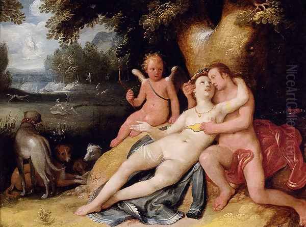 Venis And Adonis With Cupid In A Landscape Oil Painting by Cornelis Cornelisz Van Haarlem