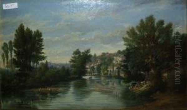 Bord De Riviere Aux Lavandieres Et Pecheurs Oil Painting by Gaspard Gobaut