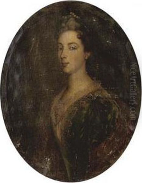 Portrait Of A Lady, Bust-length, In A Green Dress With Lace Trim And A Gold Wrap Oil Painting by Pierre Gobert