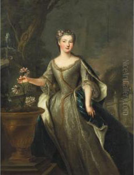 Portrait Of A Lady In A Formal 
Garden Exterior, Full-length, Wearing An Elaborate Dress And Picking A 
Flower From A Bronze Urn Oil Painting by Pierre Gobert