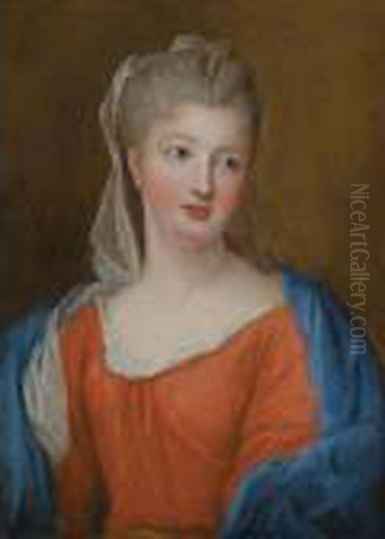 Portrait Of A Lady, Half Length, Wearing An Orange Dress And A Blue Shawl Oil Painting by Pierre Gobert