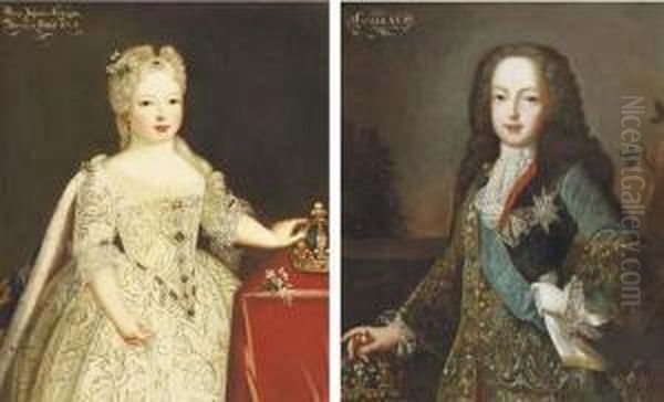 Portrait Of A 
Marie-anne-victoire, Infanta D'espagna, Small,three-quarter-length, In A
 White Dress Set With Pearls, By A Table,her Left Hand On Her Crown; And
 Portrait Of King Louis Xv, Small,three-quarter-length, In An 
Embroidered Blue Velvet Wai Oil Painting by Pierre Gobert