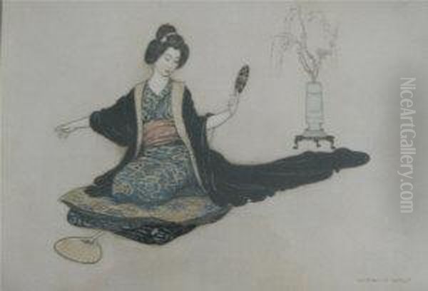 Japanese Girl With A Mirror Oil Painting by Warwick Goble