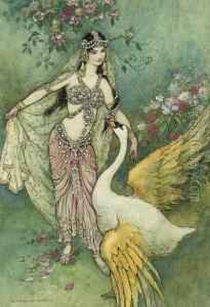 Leda And The Swan Oil Painting by Warwick Goble