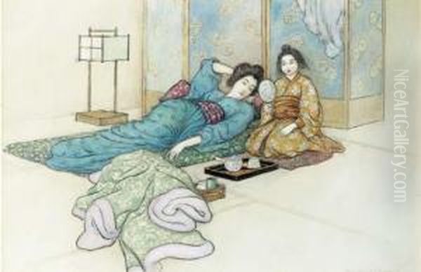 Japanese Ladies Reclining In An Interior Oil Painting by Warwick Goble