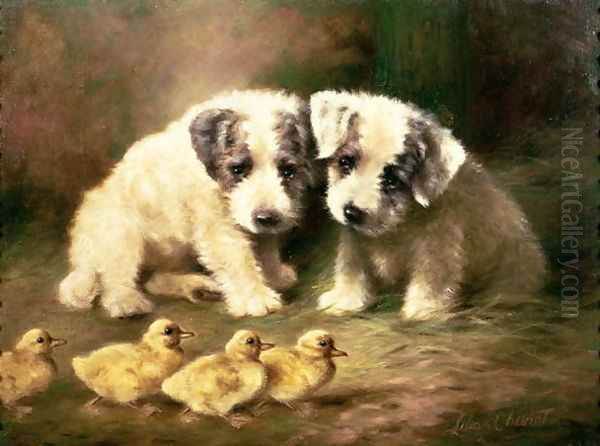 Sealyham Puppies and Ducklings Oil Painting by Lilian Cheviot