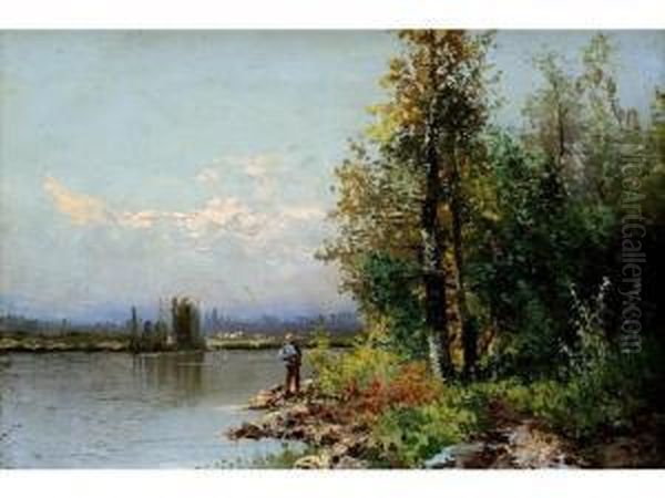 Pecheur En Bord De Riviere Oil Painting by Alfred Godchaux