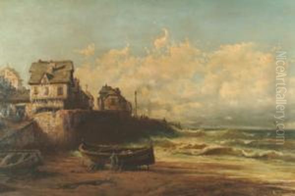 French Fishing Village With 
Half-timbered Dwellings, A Fisherman Tending His Boat In The Lee Of The 
Sea Wall, As A Storm Gathers Out To Sea Oil Painting by Alfred Godchaux