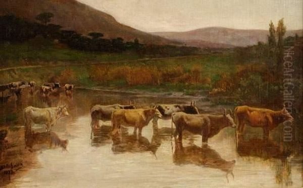 Vaches A La Riviere Oil Painting by Alfred Godchaux