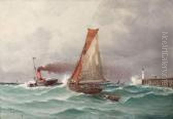 Barque De Peche Remorquee A La Sortie Du Port De Marseille. Oil Painting by Alfred Godchaux