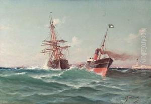 Voilier Remorque A L'entree Du Port De Marseille. Oil Painting by Alfred Godchaux