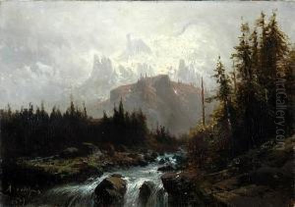 River In A Mountainous Landscape Oil Painting by Alfred Godchaux