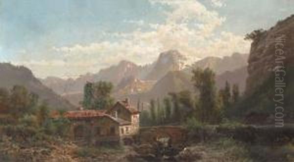 At A Bridge In A Mountainous Landscape; And A Figure In An Alpine Landscape Oil Painting by Alfred Godchaux