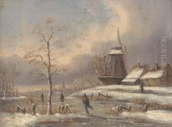 Skaters On A Frozen Waterway In A Dutch Winter Landscape; And Another Similar Oil Painting by Alfred Godchaux