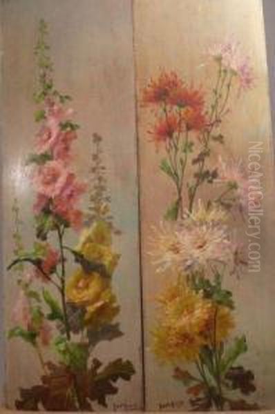 Deux Panneaux Formant Pendant A Decor De Roses Tremiere Etdahlia Oil Painting by Emile Godchaux