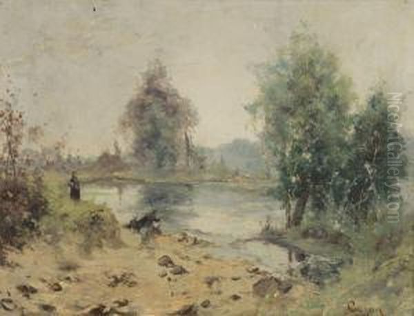 Lavandieres Au Bord D'une Riviere Oil Painting by Emile Godchaux