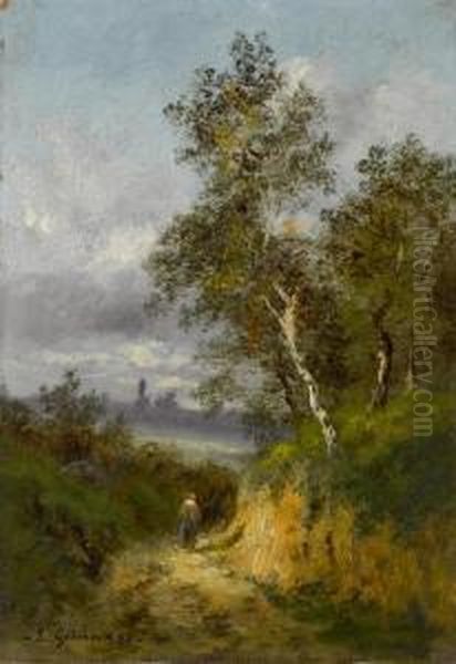 Bauerin Auf Einsamem Weg In Weiter Landschaft Oil Painting by Emile Godchaux