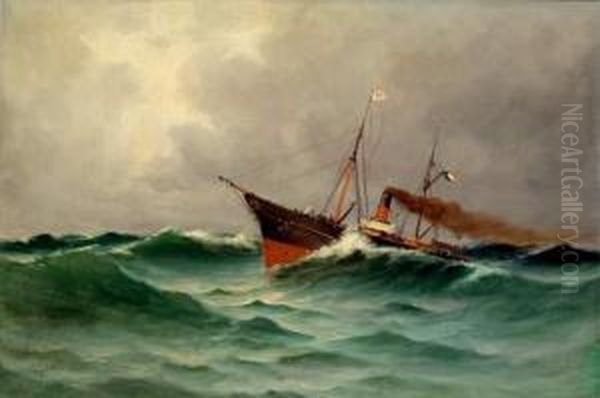 Bateau A Vapeur Dans La Tempete Oil Painting by Emile Godchaux