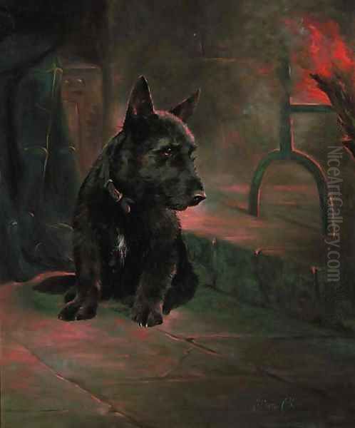 A scottie by a fire Oil Painting by Lilian Cheviot