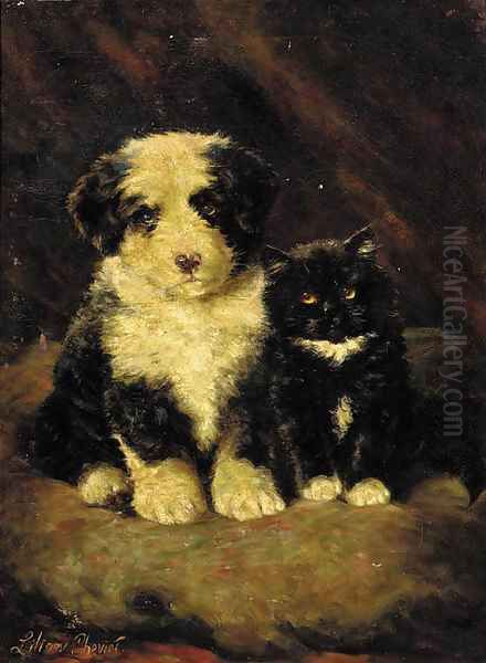 A sheepdog puppy with a kitten Oil Painting by Lilian Cheviot