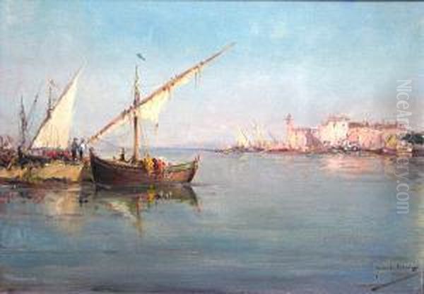 Boats In A Harbor Offloading Oil Painting by Emile Godchaux