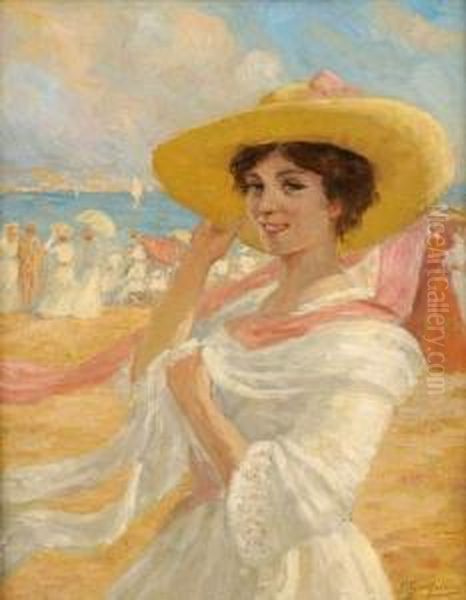 Elegante A La Plage Oil Painting by Ernst Jean Joseph Godfrinon