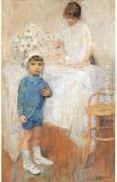 Interieur Avec Enfant En Bleu Oil Painting by Ernst Jean Joseph Godfrinon