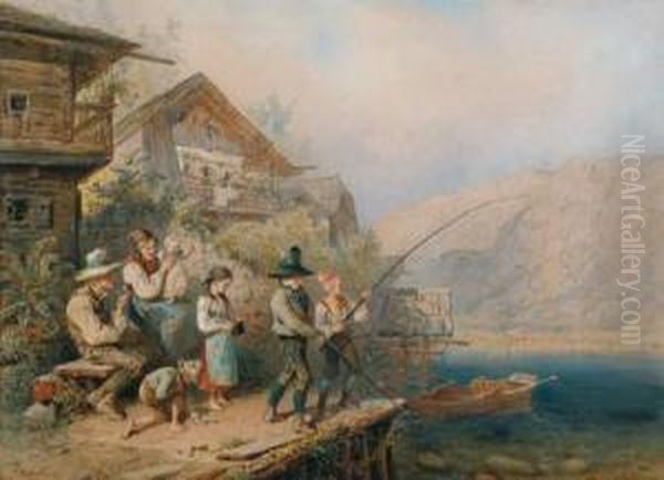 A Family Idyl With Children Fishing Oil Painting by Carl Goebel