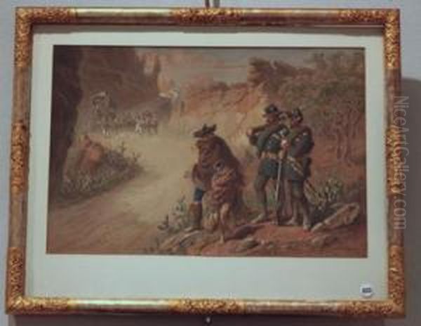 A Moving Stagecoach And A Man And Boys Surrendering To Guards Oil Painting by Carl Goebel