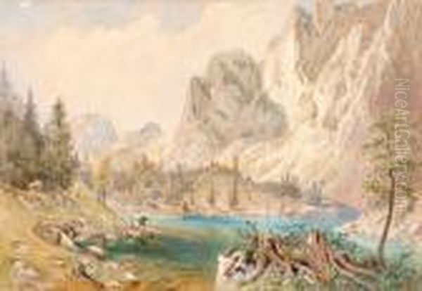 Gruner See Im Tragoserthal Oil Painting by Carl Goebel