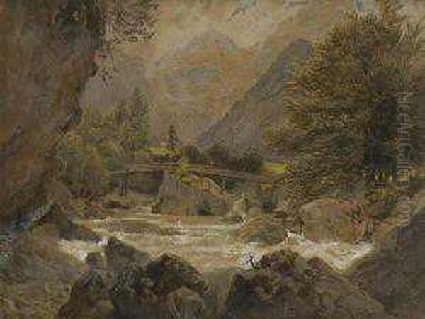 Holzbrucke In Der Ramsau. Oil Painting by Carl Goebel