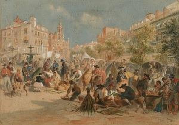 Market Place, Valencia Oil Painting by Carl Goebel