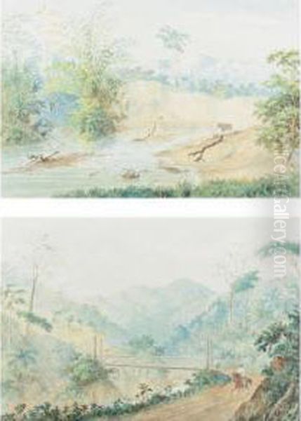 A Pair Of Watercolors: River Borburata And On The Road From Puerto Cabello To Valencia Oil Painting by Anton Goering