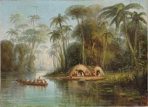 South American Natives At A Riverside Settlement Oil Painting by Anton Goering