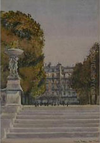 Paris Scene, Looking Up Park 
Steps Towards A Street Flanked By Trees, Inscribed 