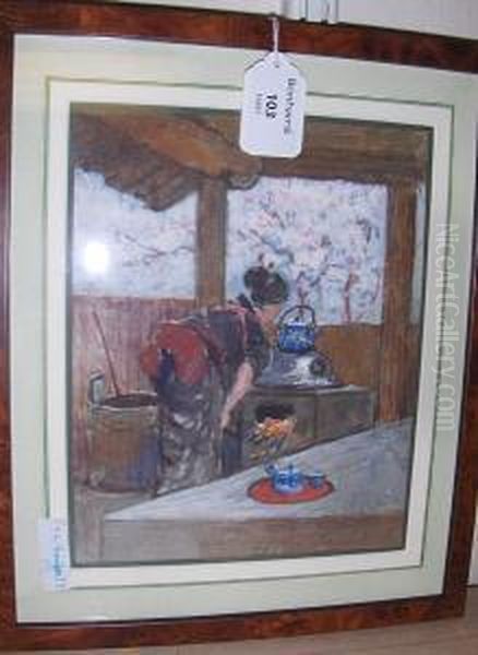 Japanese Maiden Making Tea, Signed, Inscribed Oil Painting by Robert Charles, Goff Col.