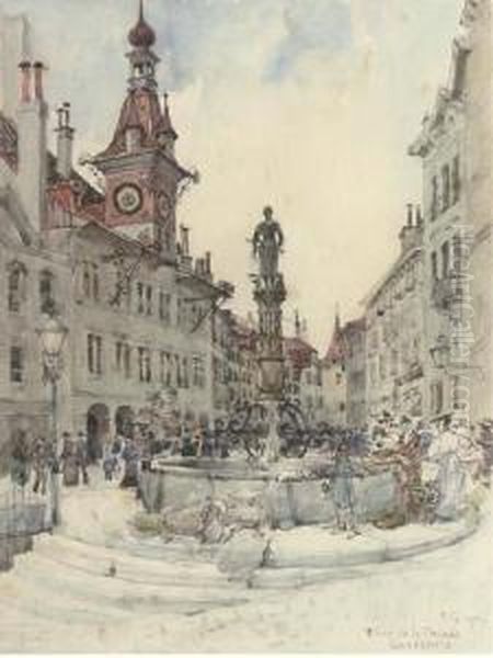 Place De La Palude, Lausanne Oil Painting by Robert Charles, Goff Col.