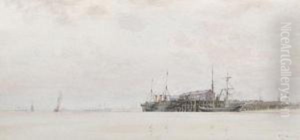 Steamer At The Dockside Oil Painting by Frederick E.J. Goff