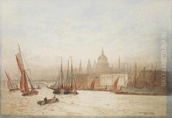 Below London Bridge; St Paul's From Bankside,a Pair Oil Painting by Frederick E.J. Goff