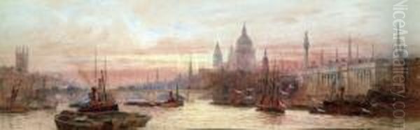 London, The Thames Off The Tower And Below London Bridge Oil Painting by Frederick E.J. Goff