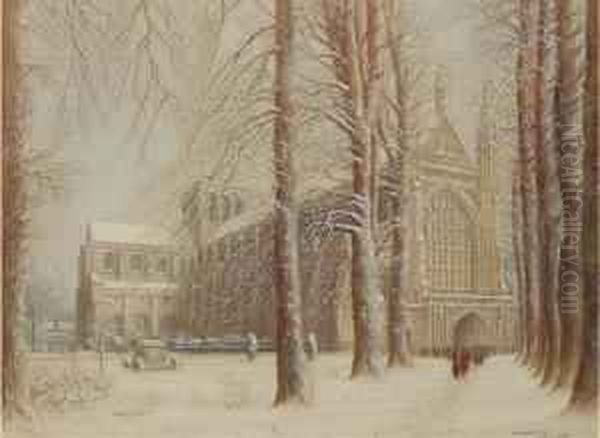 Winchester Cathedral In The Snow Oil Painting by Frederick E.J. Goff